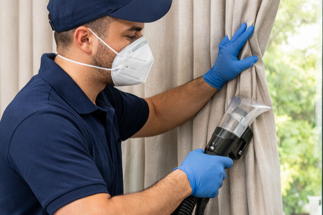 Técnico a higienizar cortinados